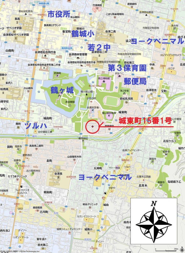 城東町宅地、鶴城小（若２中）、鶴ヶ城の南東にある景色の良い閑静な住宅地